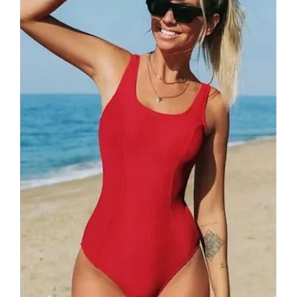 CUPSHE NWT Crimson Red Ribbed Scoop Neck One Piece Swimsuit Womens Size M